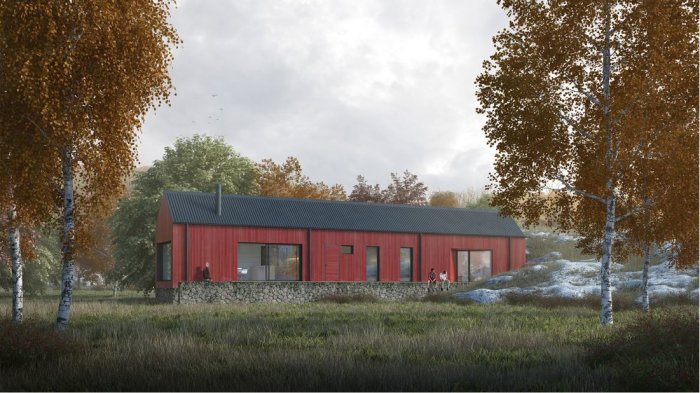 Illustration av ett fritidshus med faluröd fasad omgivet av birka och höstlig natur.