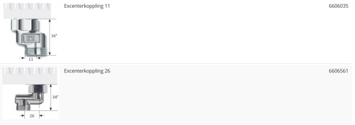 Två excenterkopplingar med måttangivelser för 3/8" och 1/2" storlekar.
