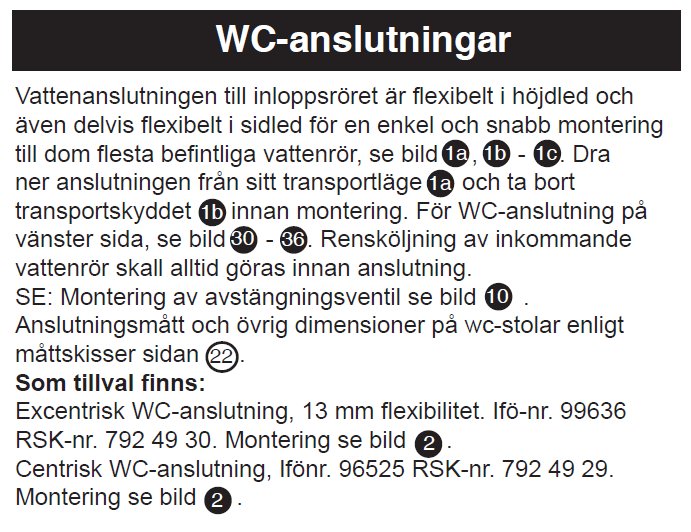 Textdokument som beskriver WC-anslutningar med monteringsinstruktioner och referensnummer.