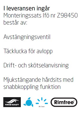 Lista över ingredienser i leveransen för toalettstol, inkluderar monteringssats, avstängningsventil och mjukstängande sits.