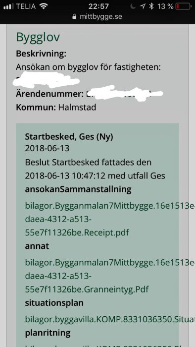 Skärmdump visar ett beviljat bygglov från Halmstads kommun med beskrivande text och bilagor.