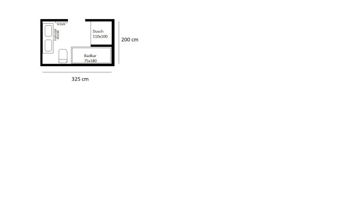 Ritning av badrumsplanering med måttangivelser för dusch, badkar, tvättställ och handdukstork.