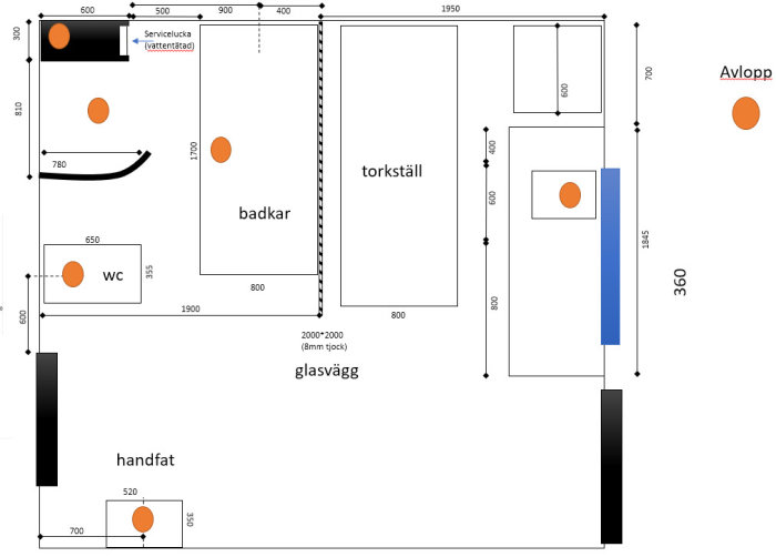 Skiss av tvättstuga/badrum med måttangivelser, inklusive WC, badkar, handfat och glasvägg.