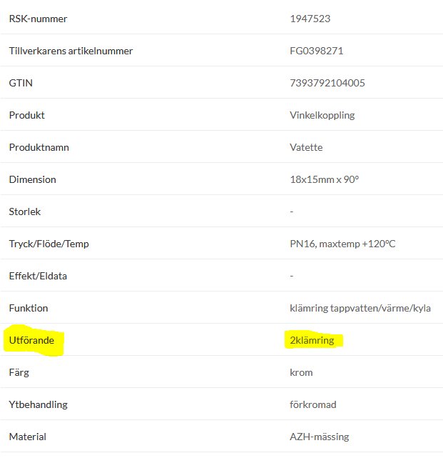 Skärmdump av datablad för en förkromad 18x15mm vinkelkoppling med RSK-nummer 1947523 och markering på "Utförande: 2klämring".