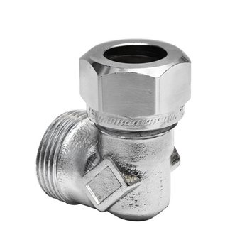 Förkromad 18x15 vinkelkoppling med synlig 15mm mutter, saknar klämring på ena sidan.