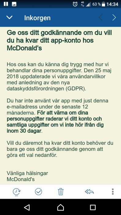 Skärmdump av ett e-postmeddelande från McDonald's om uppdaterade användarvillkor och dataskydd enligt GDPR.