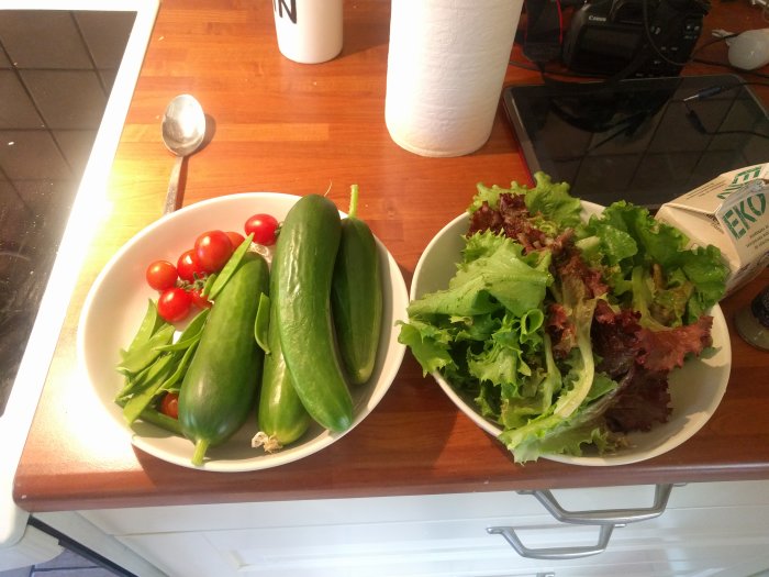 Skål med färska röda tomater, gröna ärtor, squash och blandad bladsallad på köksbänk.