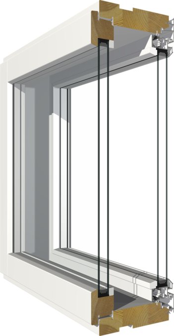 Sektionsvy av ett energieffektivt fönster med isolering och flera glasskivor, U-värde 0,58 W/m2K.