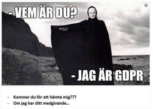 Mem med figur klädd som Döden vid stranden, texter jämför GDPR med Döden, humoristisk underton.