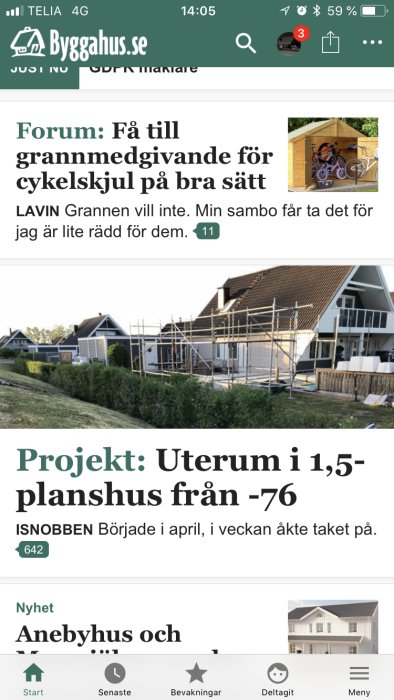 Skärmdump från forumtråd på Byggahus.se som visar en pågående byggnation av ett uterum till hus.