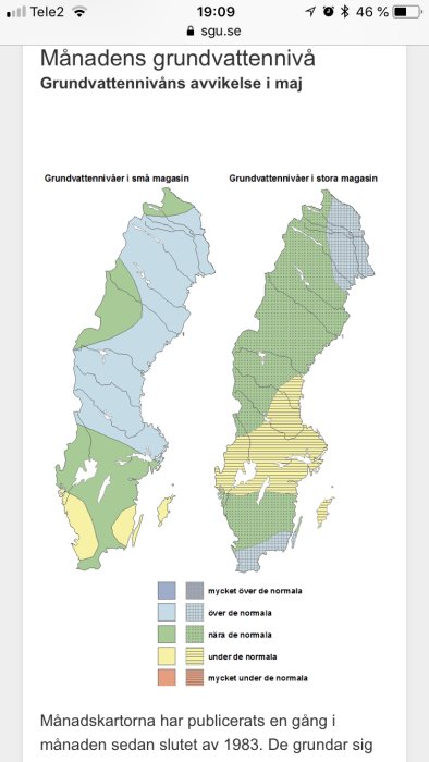 Karta som visar grundvattennivåernas avvikelse i små och stora magasin i Sverige med färgkoder för olika nivåer.