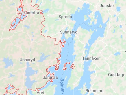 Karta som visar Hallands läns gräns markerad med en röd linje nära sjön Bolmen.