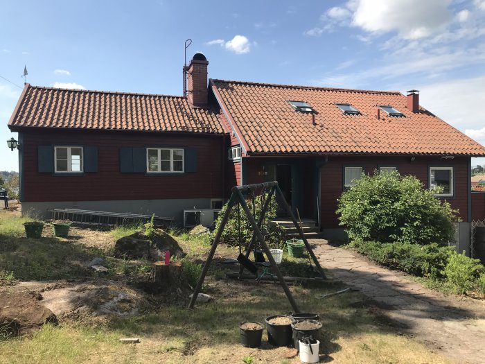 Tvåvåningshus med rött tak och rödmålad fasad, fönster ovanför grå grundmur, trädgårdsstegar och grönska.