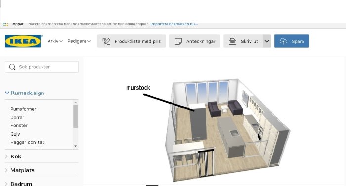 3D-modell av ett planerat kök med markerad position för en murstock på IKEAs planeringsverktyg.