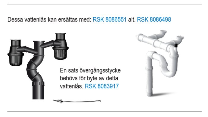 Två typer av vattenlås, en svart traditionell modell till vänster och en vit modern variant till höger med rekommenderade ersättningskoder.