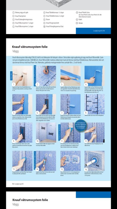 Instruktionssteg för att applicera Knauf vattentätningssystem på vägg med beskrivande text och bilder.