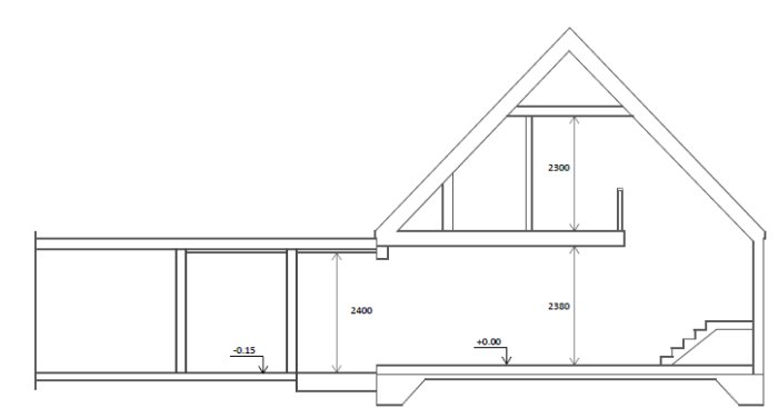 Sektionsritning av ett hus med markerade nivåskillnader, takhöjd och inritad ramp.