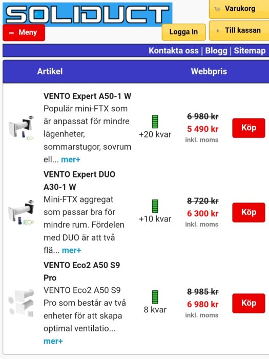 Skärmdump från webbutik Soliduct med VENTO ventilationssystem och prissättning.