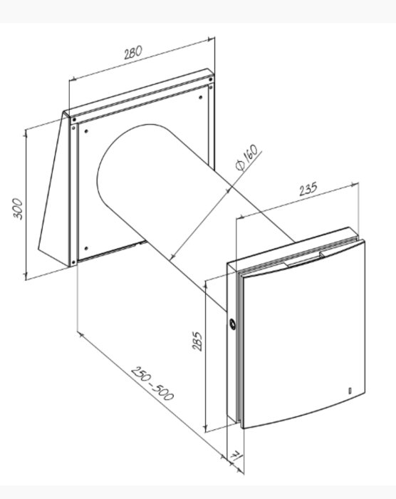 Teknisk ritning av en ventilationskanal med måttangivelser.