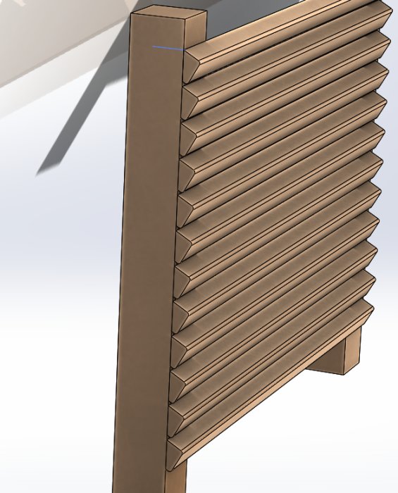 3D-rendering av lutande träribbor monterade för optimal avrinning utan stående vatten.