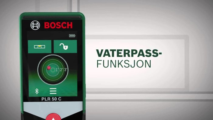 Bosch PLR 50 C lasermätare med vattenpassfunktion visas på en skärm, grönt gränssnitt.