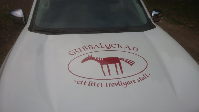 Vit bil med reklamtryck för "GUBBALYCKAN - ett lite trevligare stall" och grafisk bild av en häst på motorhuven.