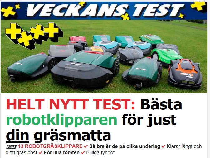 Olika modeller av robotgräsklippare på gräs med rubrik och betyg i en tidningsartikel.