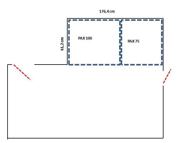 Skiss av nisch med dimensioner och placering av två PAX garderober bredvid varandra, angivna som PAX 100 och PAX 75.