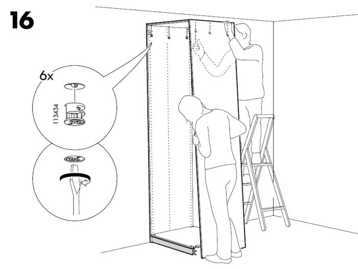 Illustration visar montering av PAX garderob med två personer, en på stege, inomhus.