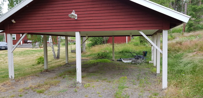 Obebyggd carport med grusgolv och redskap, potentiell plats för förråd på ca 15 kvm.
