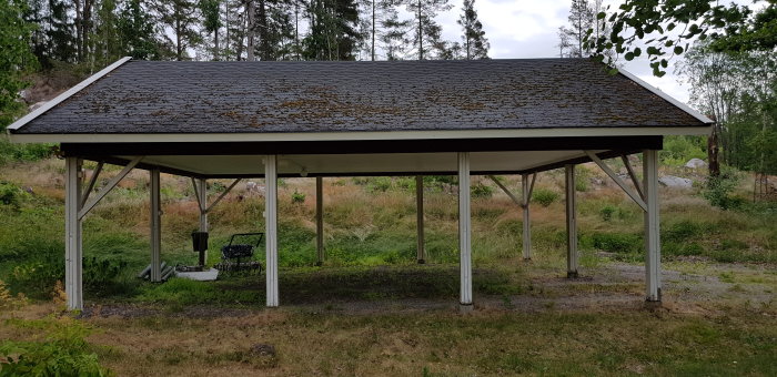 Ett otillslutet carportliknande bygge med två skepp och mörkt tak beläget i ett öppet naturområde.
