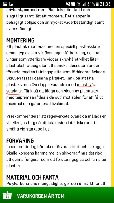 Skärmdump av monteringsinstruktioner för plasttak som betonar minst två vågdalars överlapp.