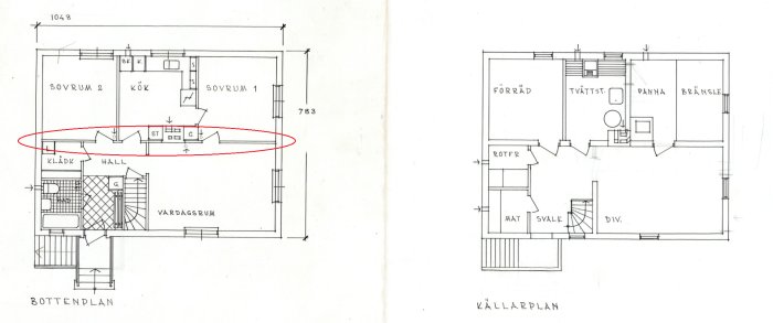 Ritningar av ett hus med markerad potentiellt bärande vägg mellan två rum.