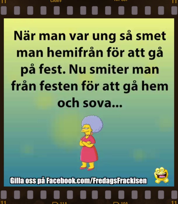 Illustration av en tecknad figur med text om att smyga hem tidigt från fest för att sova.