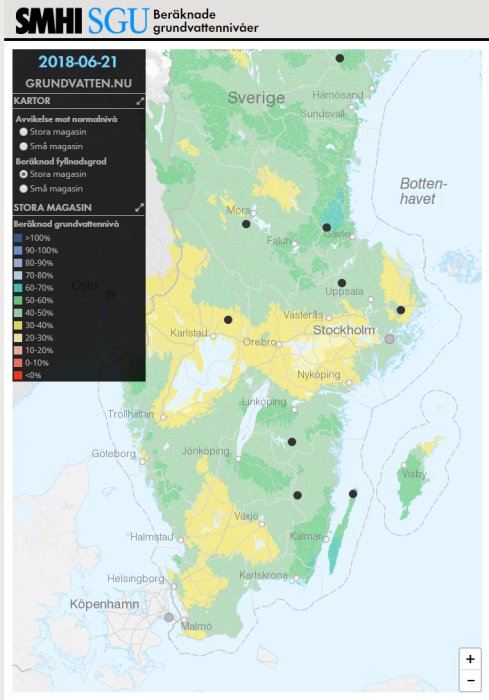 Karta över Sveriges grundvattennivåer med färgade områden som visar stora och små magasin samt fyllnadsgrad.