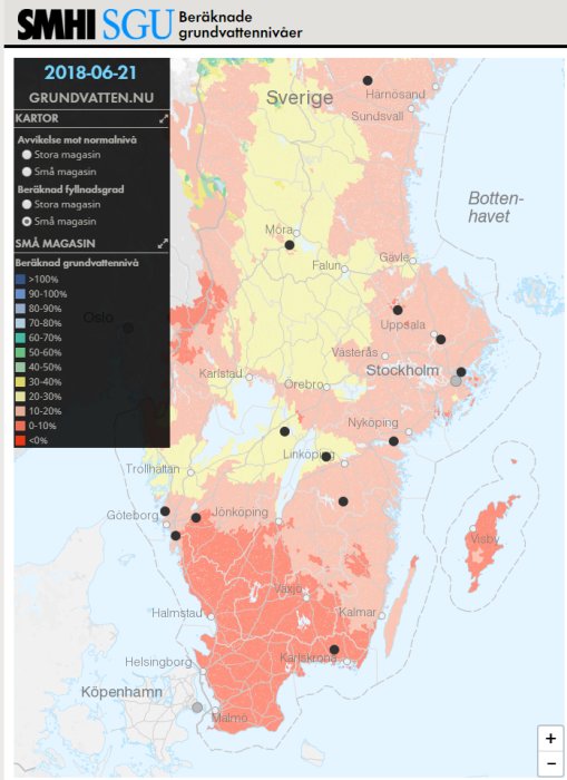 Karta över Sveriges grundvattennivåer med markerade stora och små magasin och beräknad fyllnadsgrad.