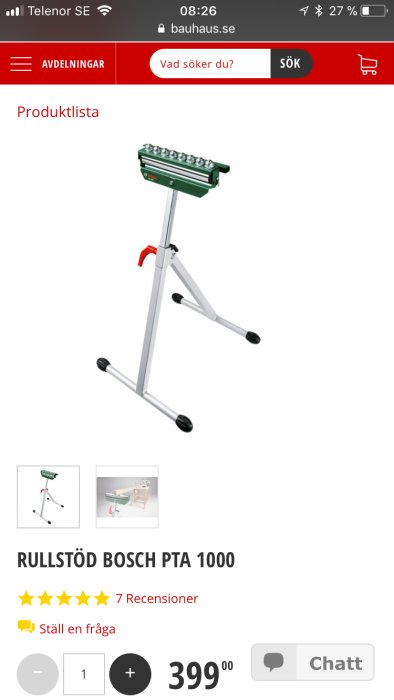 Rullstöd Bosch PTA 1000 på en vit bakgrund, visas på en webbshopssida.