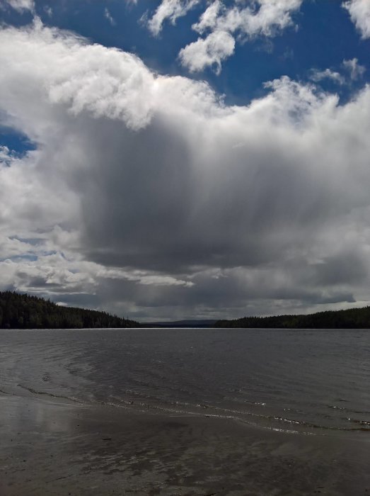 Vy över en sjö i Dalarna med molnigt himmel och skog i horisonten.