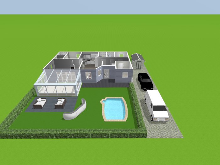 3D-ritning av ett enfamiljshus med inredningslayout, pool, terrass och fordon.