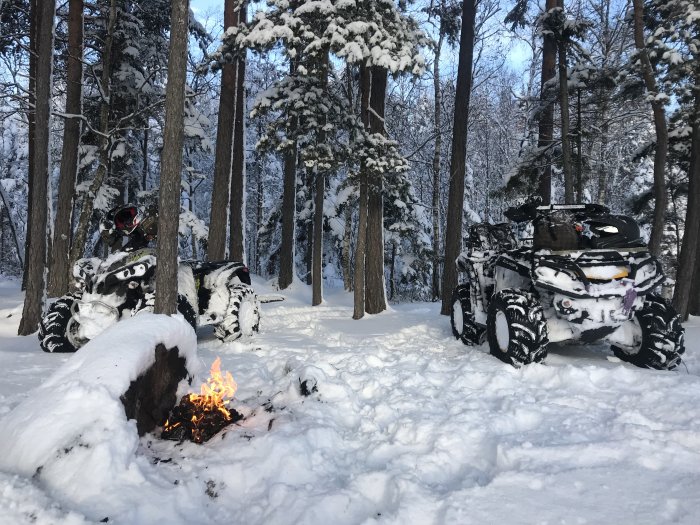 Två snöskotrar täckta av snö framför en liten öppen eld i en snöig skog.