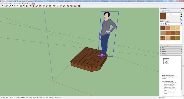 Skärmdump av 3D-modell i SketchUp med en figur på en träplattform med angivna mått.