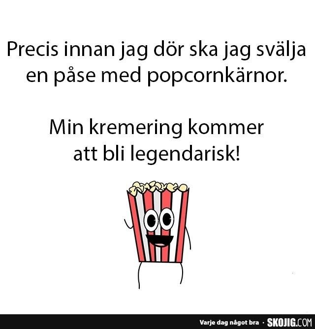 Illustration av ett glad popcornbägare med text om en humoristisk plan för kremation.