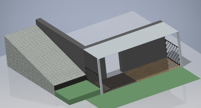 3D-modellerad vision av husgrund med grus, grässlänt och asfaltskant.