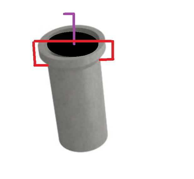 CAD-ritning av betongmuff med markerat lock och gängad pinne som förklaring till demontering.