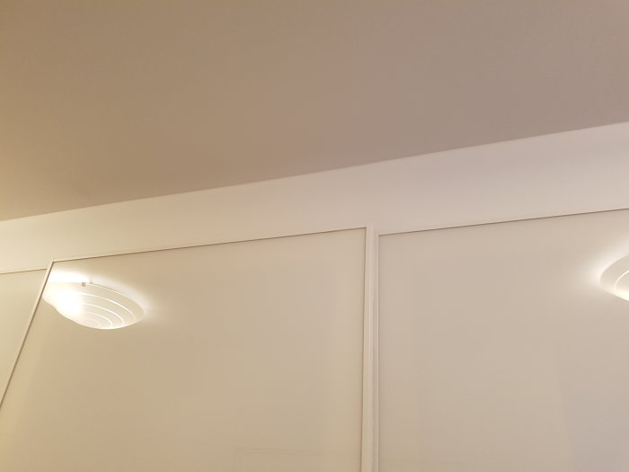 Toppvy av två 231cm höga vita dörrar med tak och infällda spotlights.