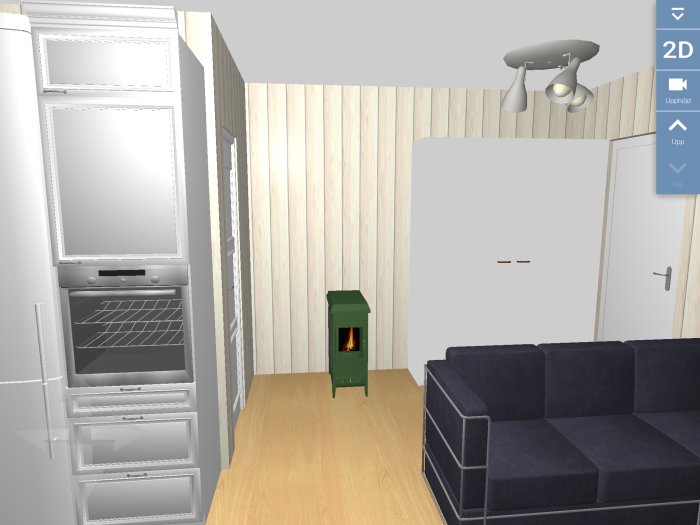 3D-rendering av ett kompakt kök med kyl, frys och spis bredvid, en liten kamin och en mörkblå soffa.