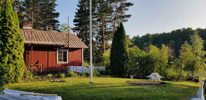 Röd stuga med pågående takrenovering och presenningar, omgiven av en solbelyst trädgård.