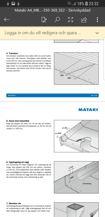 Illustrationer som visar instruktioner för tvärskarv och montering av trekantslist på vindskiva för byggprojekt.