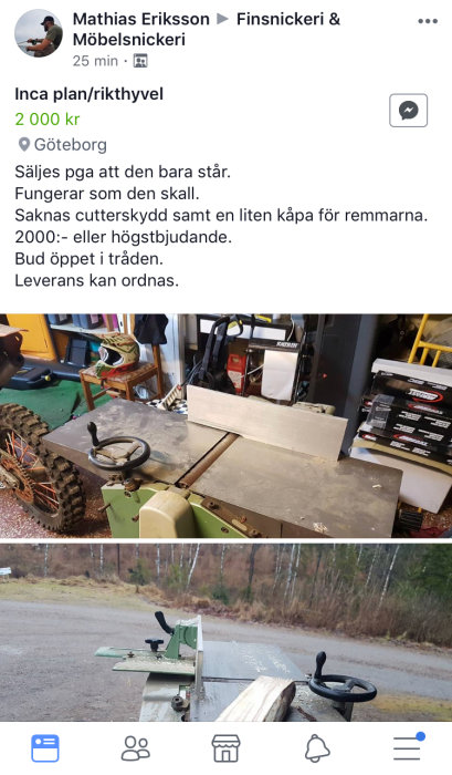 En Inca plan/rickhyvel i en verkstad, använd med spår av sågspån, till salu.