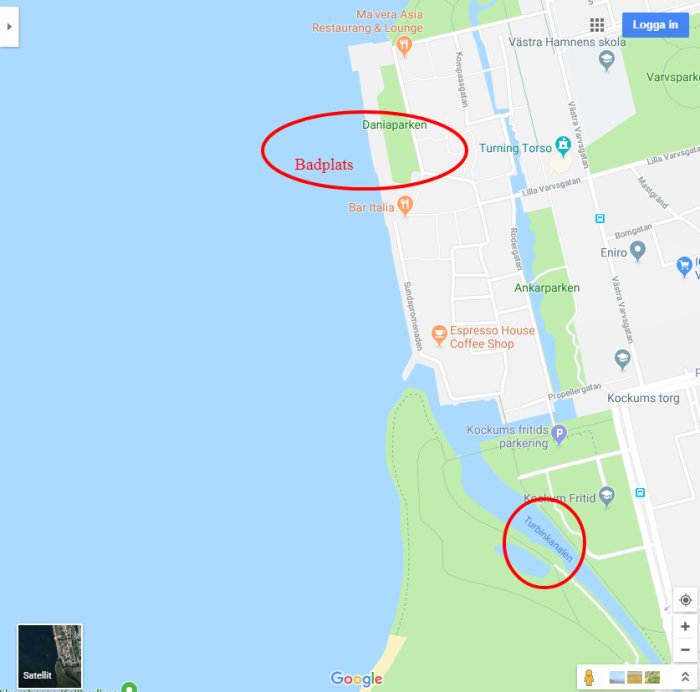Karta över badplats med markeringar för "Badplats" och "Turbinkanalen" där bräddning sker.